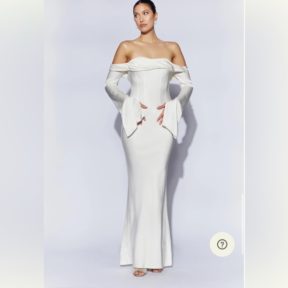 NWT Meshki Giselle White Off the Shoulder Dress Cowl Neck MIDI Dress- Medium
